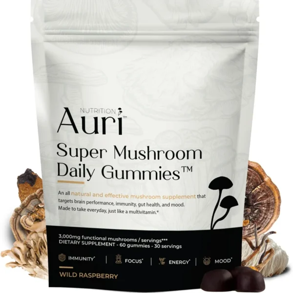 Auri Super Mushroom Daily Gummies – All-in-One Daily Mushroom Supplement Gummy – 12 Mushroom Blend with Chaga, Lions Mane,